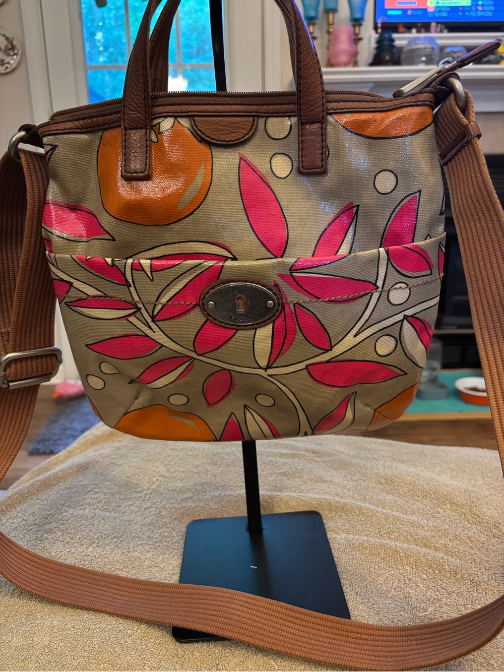 Fossil Beige Canvas Crossbody with Pink & Orange Leaf Motif